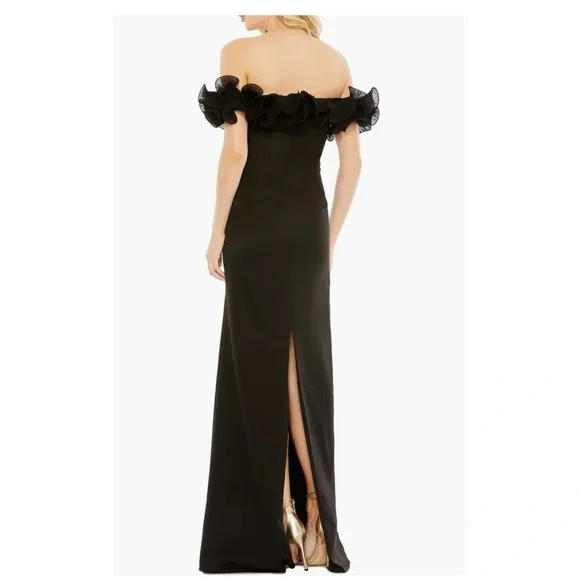 Ieena for Mac Duggal Off the Shoulder Ruffle Sheath Gown Black 49463 Size 16 NEW